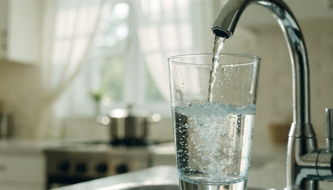 Glas fyldes med danskvand med brus fra en moderne vandhane med brus