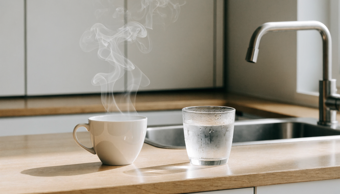 Moderne skandinavisk køkken med kop dampende vand og glas koldt vand med kondens, der illustrerer valget mellem koldt og kogende vand