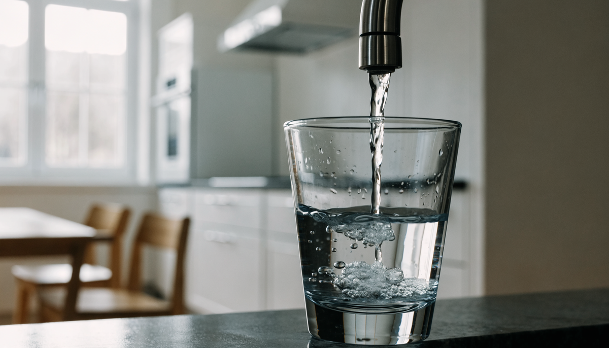 Glas postevand fyldes fra en køkkenvandhane i et lyst dansk køkken